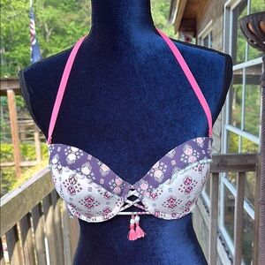 Victoria’s Secret  Patterned Halter Bikini Top - Pink and Black